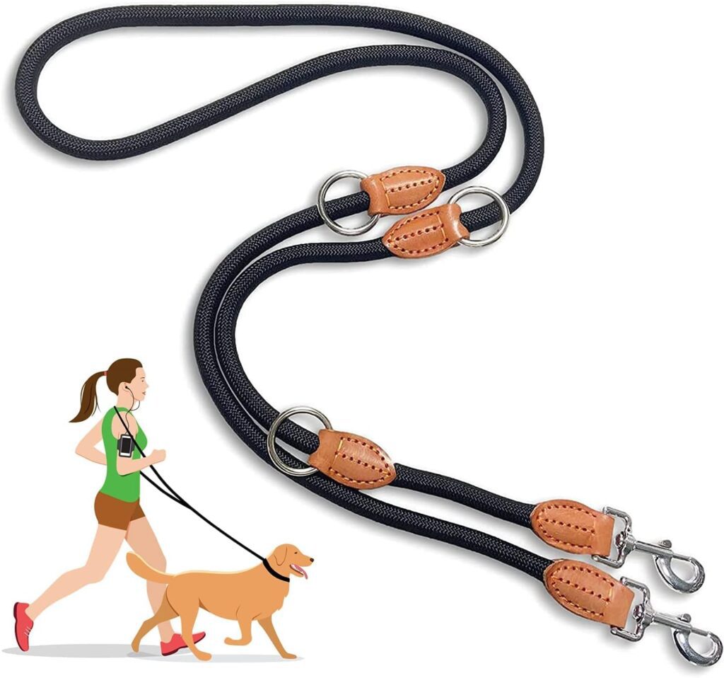 Multi-Function Hands Free Dog Lead (7ft) - Strong Dog Training Leads, 1.4cm Thick Nylon Double Dog Leads, [3 Adjustable Lengths] Walking Running Long Rope Leash for Small Medium Large Dogs Black, 1/2