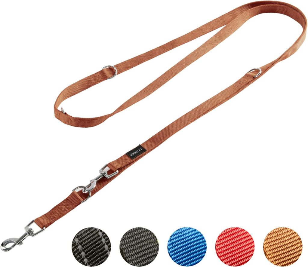 Vitazoo Dog Lead for Training - 3 m - Nylon Graphite Double Leash for Small Medium  Large Dogs - Adjustable Leads up to 4 Different Lengths - Brown