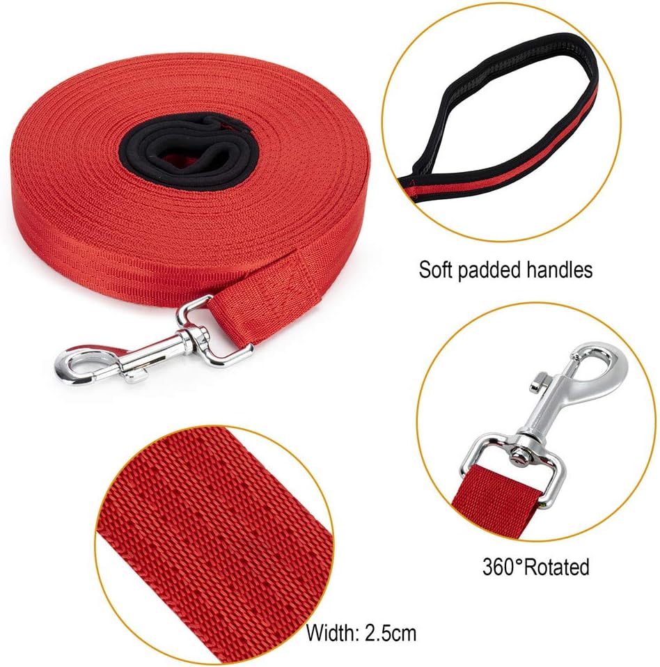 Vivifying Training Lead for Dogs, 20FT/6M Long Nylon Long Line Dog Lead for Pet Tracking Training Obedience Lead Leash (Red)