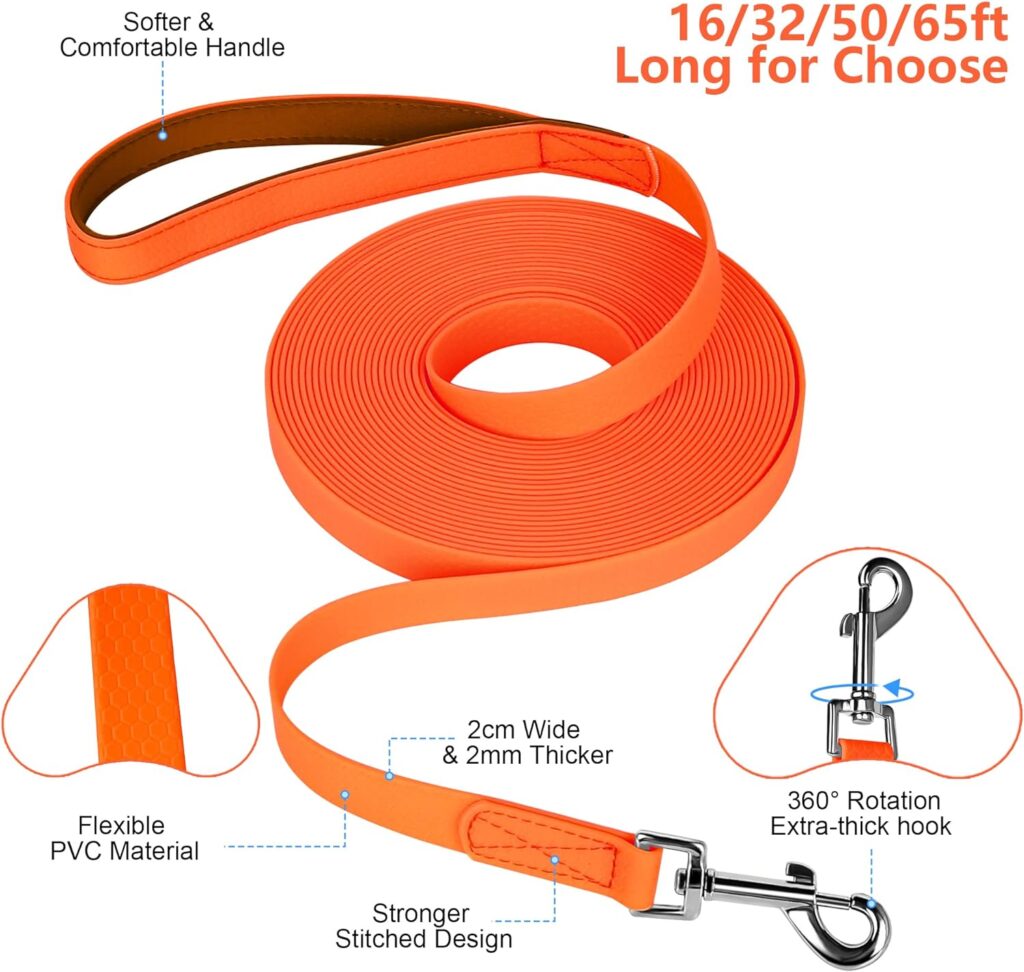IOKHEIRA Dog Training Lead 5m/10m/15m/20m Waterproof Long Dog Training Lead with Hand Loop, Sturdy Dog Training Lead for Large, Medium, Small Dogs (10M, Orange)