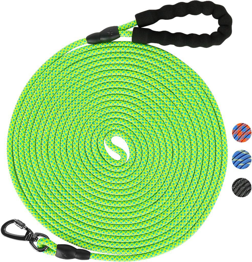 Kdsvakd Training Lead For Dogs, 4.5m / 15ft Long Rope Dog Lead with carabiner clip and padded handle, Recall Durable Lead Duty Check Cord For Puppy, Small, Medium, Large Dog Green