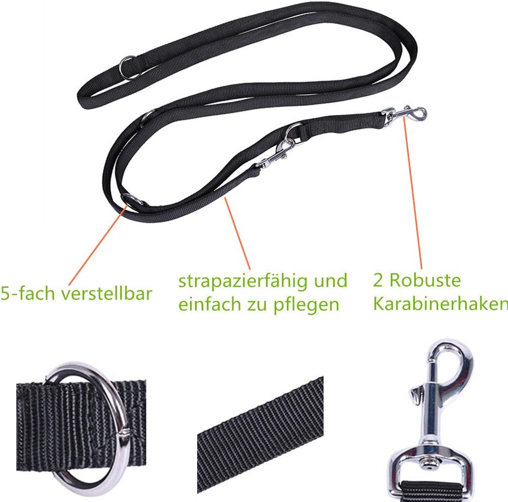 kyd Dog Training Lead 10ft Long Dog Leash in Black Polypropylene with 5 Length Adjustment Options and Hook (1.6m-3.0m) Double Dog Line Adjustable and Durable Strong Lead Middle and Large Dogs