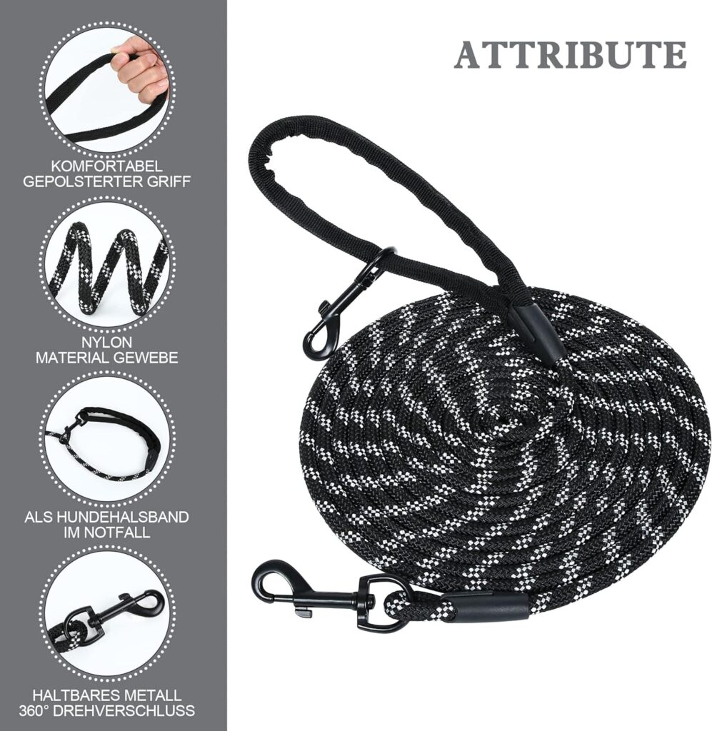 MECHHEIT Training Lead for Dogs 5m, Strong Reflective Dog Training Leads with Soft Handle, Suitable for Small to Large Dogs, Outdoor Recall Training Leashes 5/10/15/20M, Black