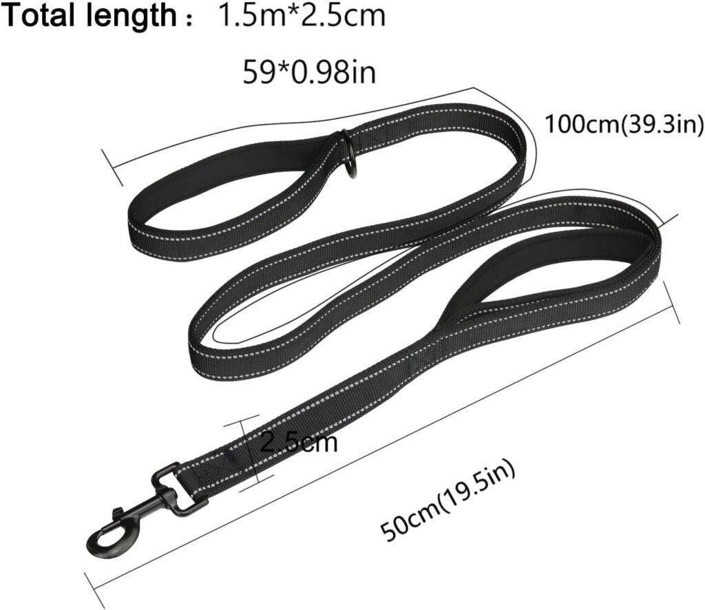MEKEET Large Dog Lead Leash, 1.5m Double Handles Dog Lead Heavy Duty Strong Nylon Reflective Dog Leash with 2 Padded Handles Extra Traffic Lead for Safety Training Walking Medium Large Pets (Black)