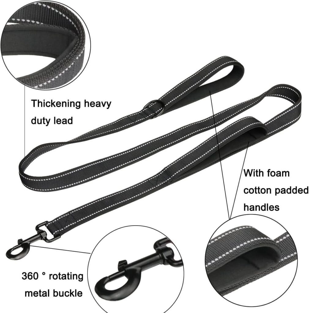 MEKEET Large Dog Lead Leash, 1.5m Double Handles Dog Lead Heavy Duty Strong Nylon Reflective Dog Leash with 2 Padded Handles Extra Traffic Lead for Safety Training Walking Medium Large Pets (Black)