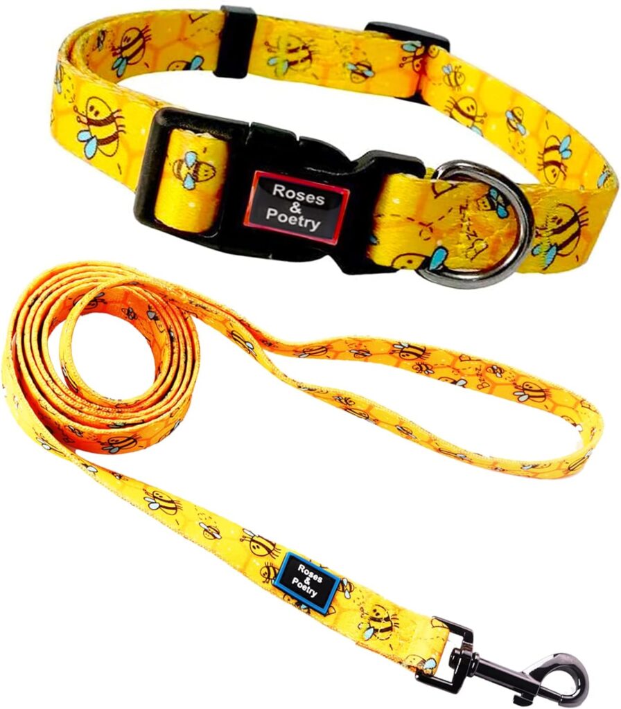 RosesPoetry Dog Collar and Lead for Small,Adjustable Durable Bee 5ft Puppy Leash Collar for Dog Training Lead（Bee-S）