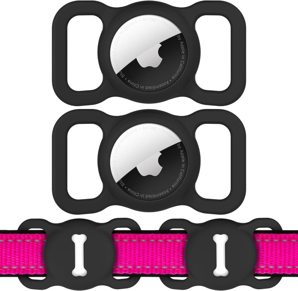 [2 Pack]Airtag Dog Collar Holder, DLENP Air Tag Protective Cat Airtag Dog Collar,Silicone AirTags GPS Tracking Accessories,Air Tags with Bone Pattern(Black/Black)