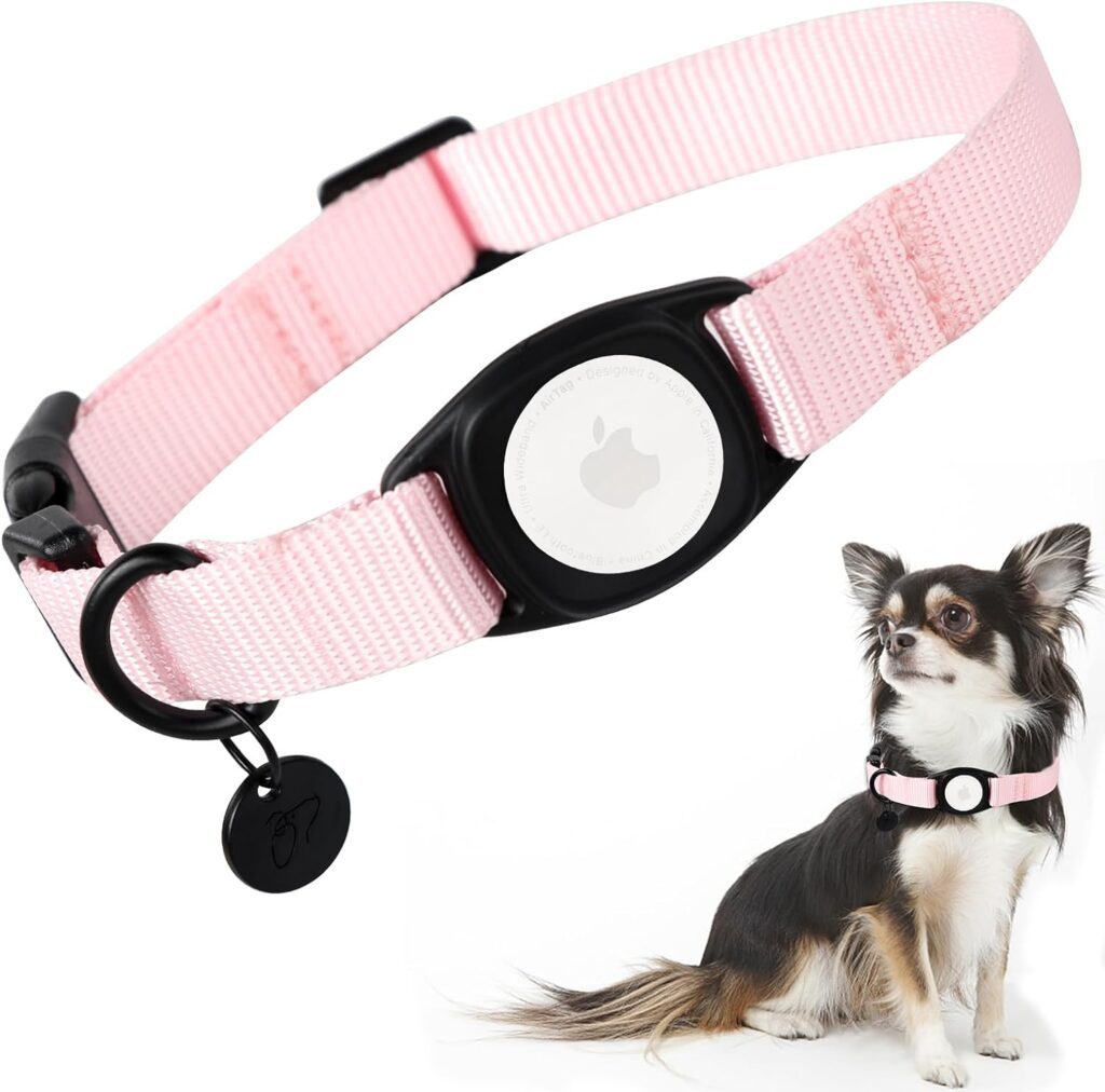 Babole Pet AirTag Dog Collar Pink for Medium Puppy Dog,11 Colors,Nylon Integrated GPS Pet Collar with Durable Snap Buckle,Dog Tracker for Apple iPhone,Small Large BoyGirlFemale Dog(M)